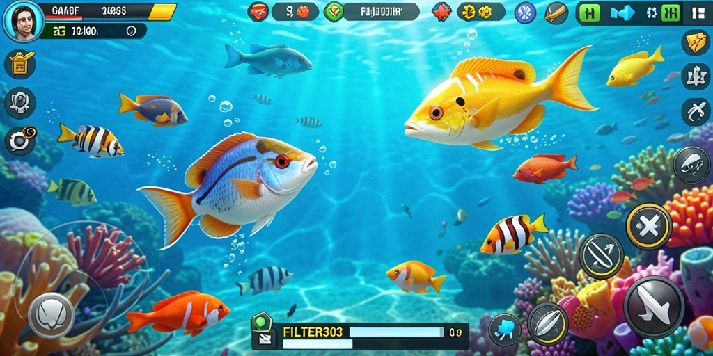 Screenshot gameplay FILTER303 menampilkan aksi seru menembak ikan.